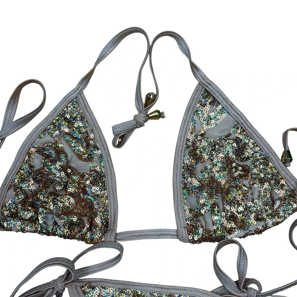 NWT La Costanera Sequin Triangle Bikini Gold Champagne Tie Side